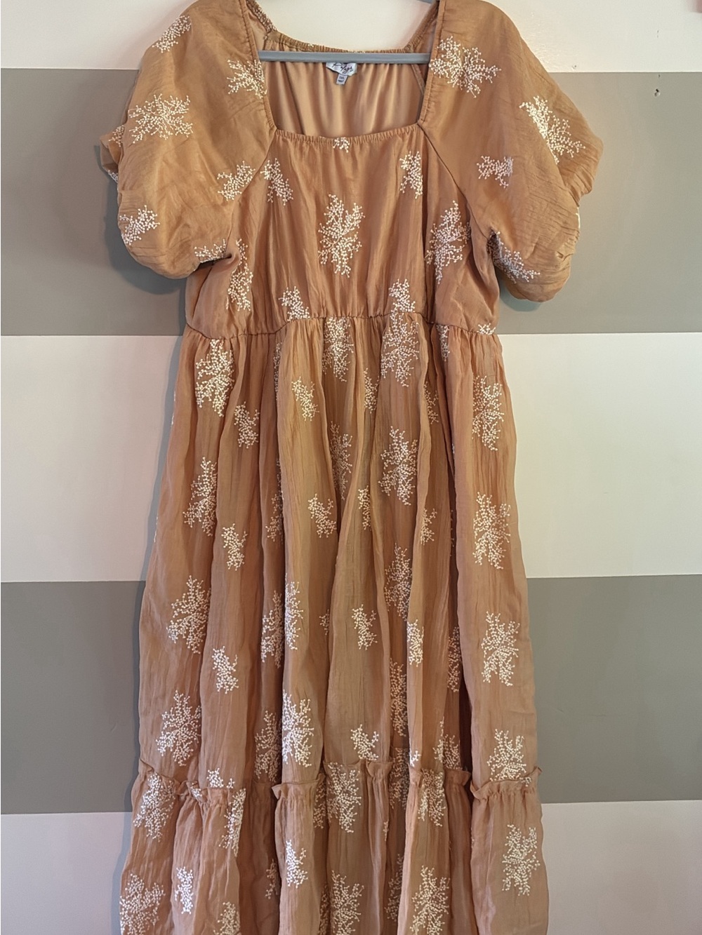 Polagram Tan Maxi Dress with White Floral Embroidery